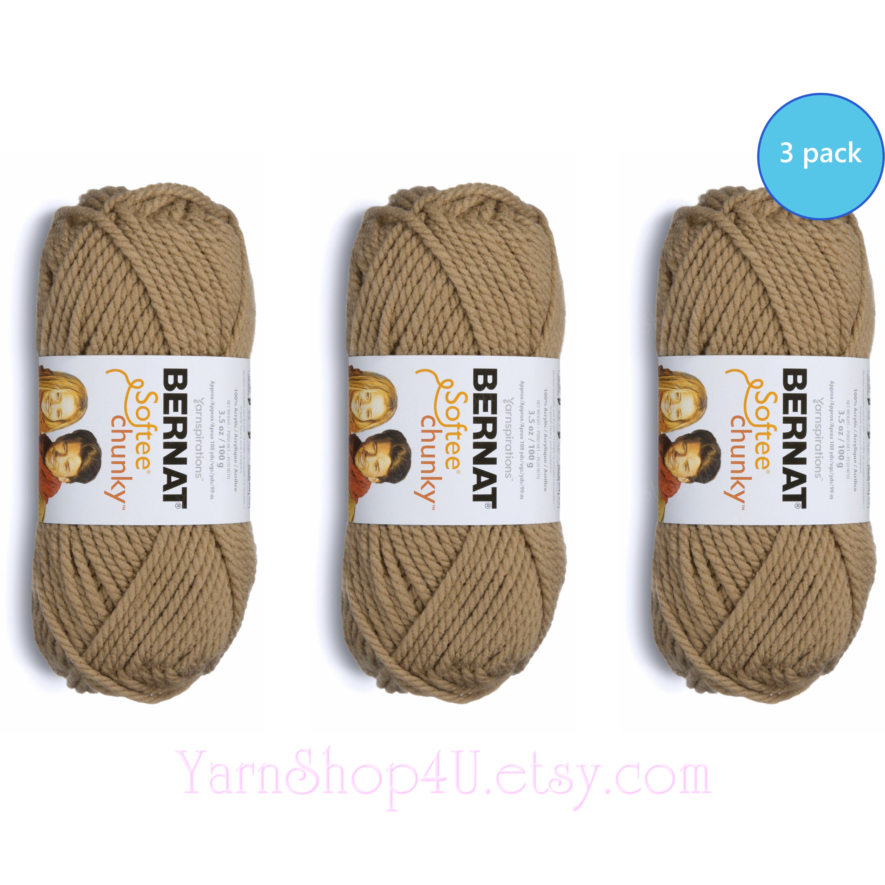 SOFT TAUPE 3 pack! Bernat Softee Chunky Yarn Super Bulky Yarn. 3.5oz