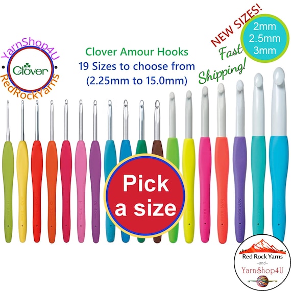 Clover Amour Crochet hooks Pick one size or add a bunch to your cart & make your own set. The size is stamped into the easy grip handle.
