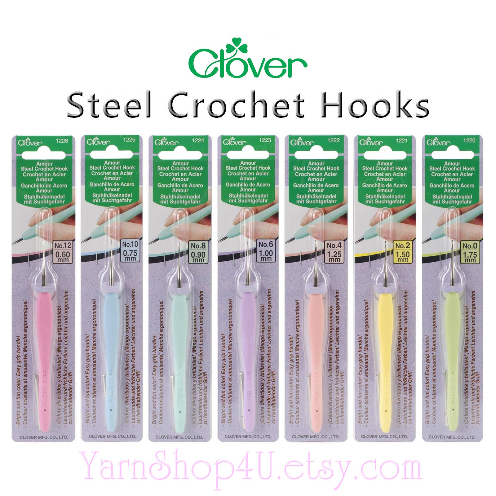 Clover Amour Steel Crochet Hooks. Comfort grip handle. For Lace and
