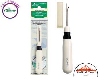 Clover Seam Ripper. This seam ripper is 4.5" long and features a fat ergonomic white plastic handle. #482/W