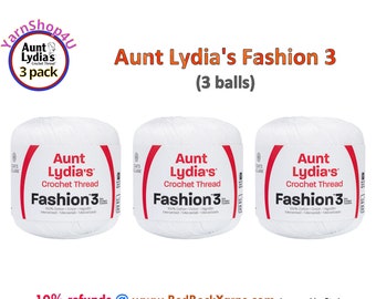 WHITE Fashion 3 Size Aunt Lydia Crochet Thread. One 3 Pack of Aunt Lydia's Fashion 3 Crochet Thread. 3 balls/150yds each. Item #182.0201