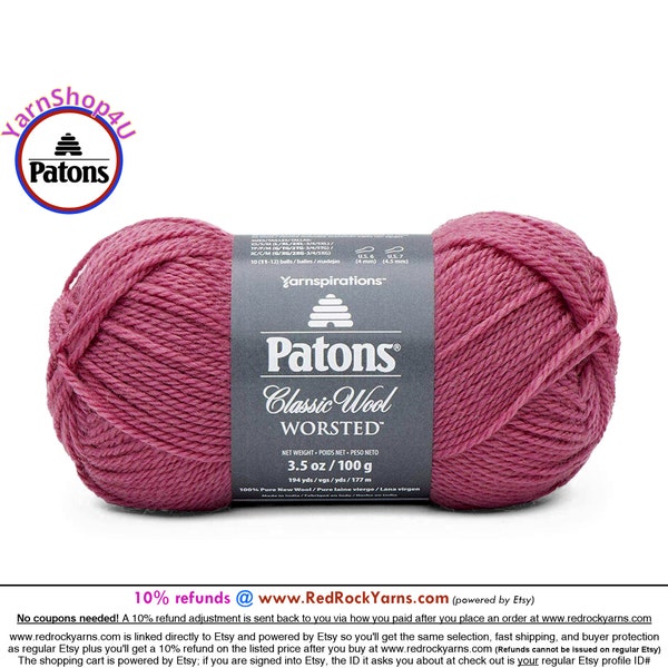 ROSE - Patons Classic Wool Worsted Yarn Medium Weight (4). 100% wool yarn. 3.5oz | 194 yards (100g | 177m) Item 24407777745