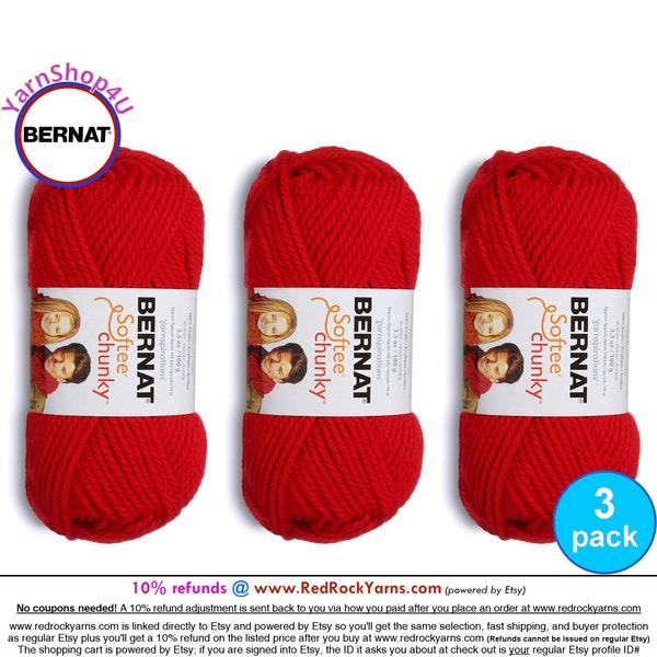 BERRY RED 3 pack! Bernat Softee Chunky Yarn Super Bulky Yarn. 3.5oz | 108yds | 100% Acrylic Yarn. 3 skeins per pack = Bulk Buy!