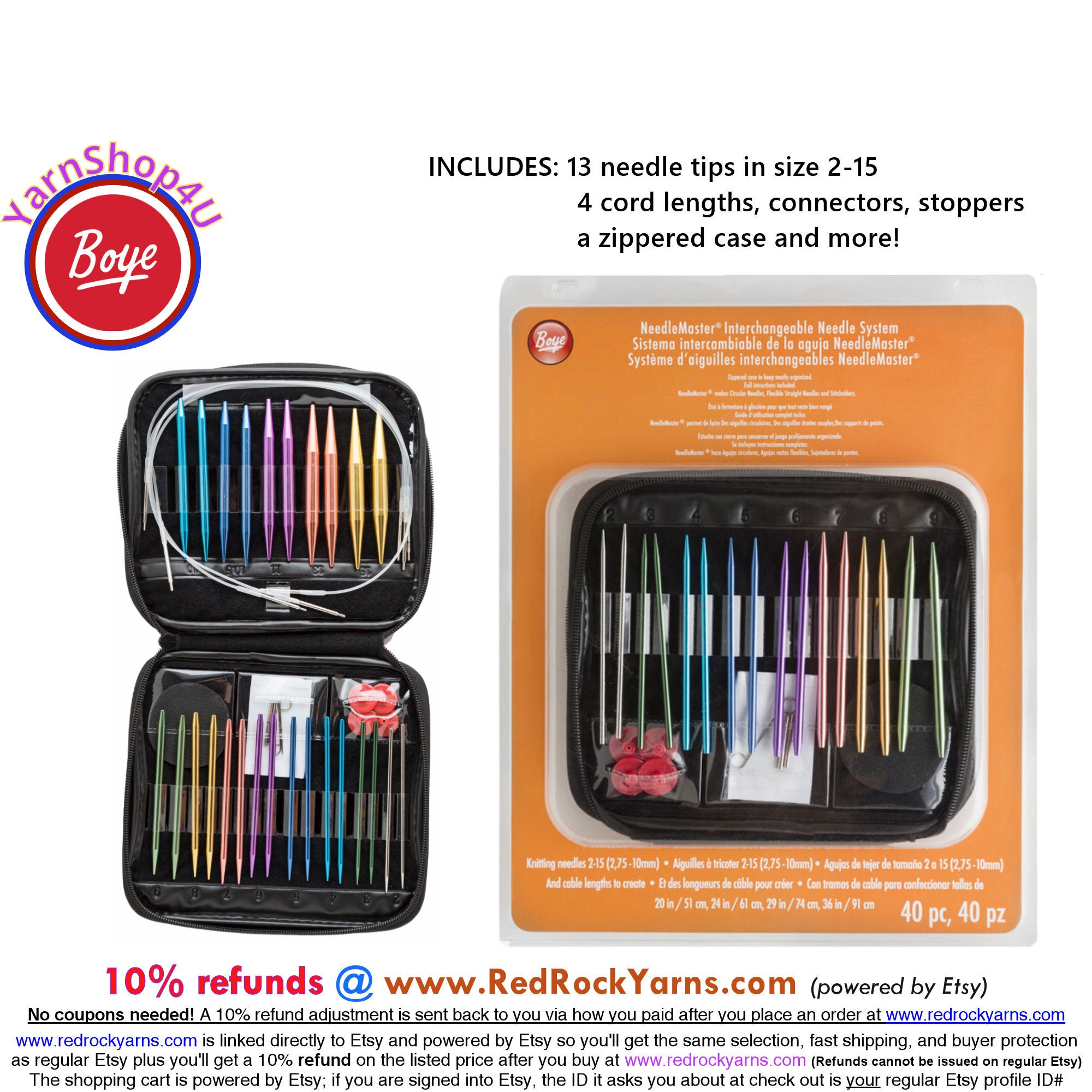 NEEDLEMASTER Interchangeable Circular Knitting Needle Set. 13 Size Tips  From 2 to 15 Plus 4 Different Length Cables and 2 Connectors 