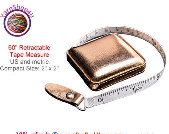 Retractable Tape Measure. 60" long with US and Metric Measurements. Squeeze to Self retract. It's 2" x 2" and shiny rose gold color