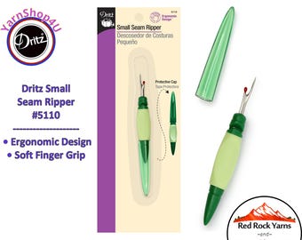 Dritz Small Seam Ripper. Ergonomic design with Soft finger grip. 4" long with cap on bottom. Item #5110