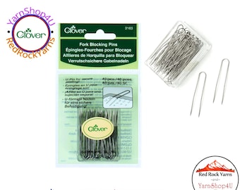 40 Stainless Steel Fork Blocking Pins. U-shape pins in a Reusable clear acrylic box. For Wet and Steam blocking. Clover #3163