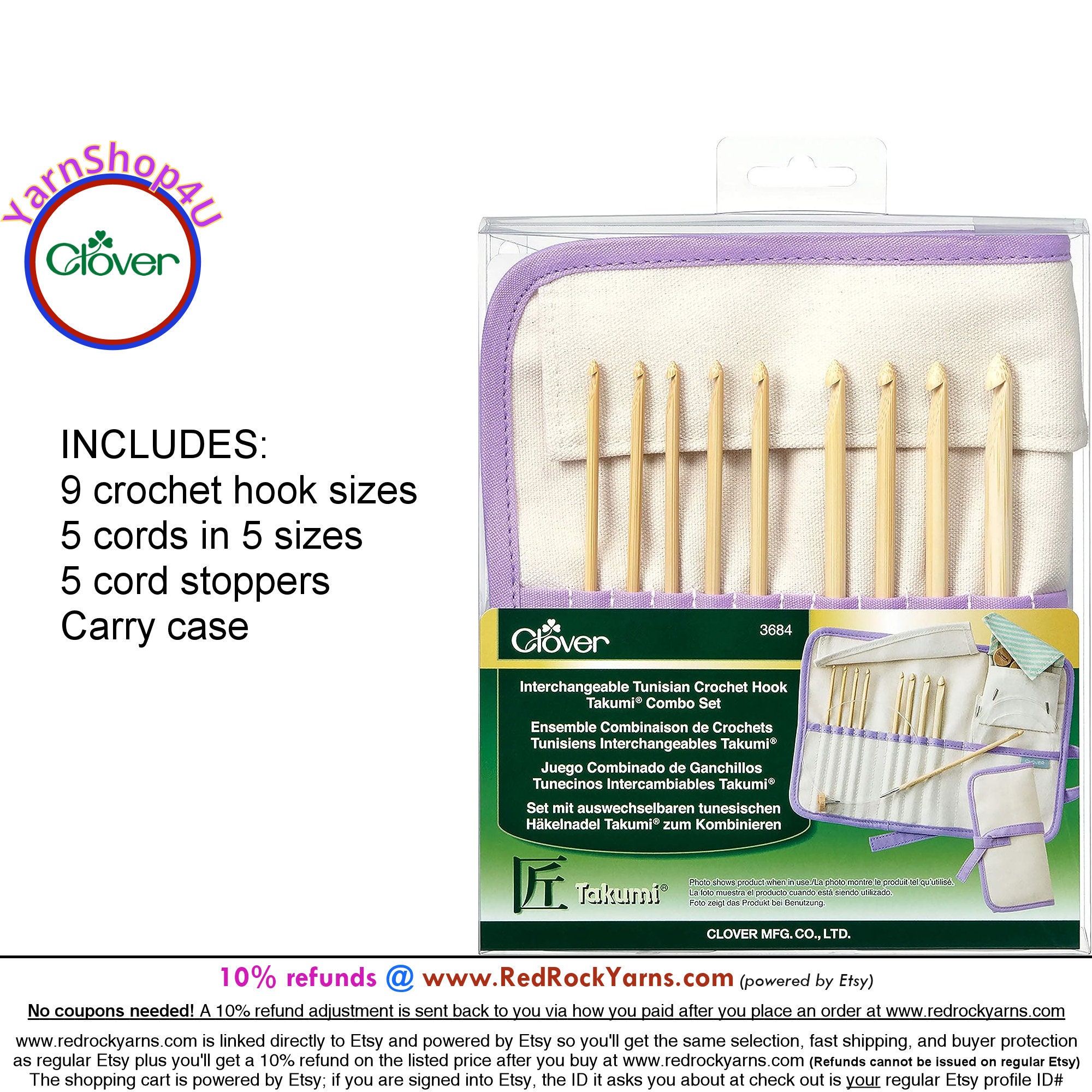 Clover Interchangeable Tunisian Crochet Hook Takumi Combo Set. Brand New,  Genuine Clover Product #3684