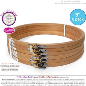 9&quot; Pack of 6 Embroidery hoops. Frank A Edmunds / Colonial Needle Quality Hoops hard wood w/ Smooth rounded edges and screw caps. CNEH-9N