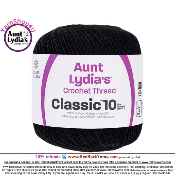 BLACK - Aunt Lydia's Classic 10 Crochet Thread. 350yds. Item #154-0012