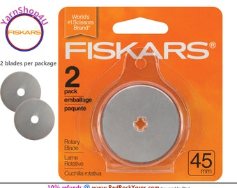 2 pack Fiskars 45mm Rotary Cutting Blades. 2 blades per package. Fits Fiskars 45mm handles. Cuts batting, multi fabric layers, etc #195310
