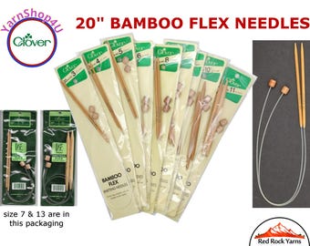 Clover 20" Bamboo Flex Knitting Needles. Sizes 3-13 with 5-1/2" Takumi tips, nylon cord and wood stopper. [vintage discontinued} SKU #3017