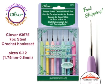 CLOVER AMOUR Steel Crochet Hook Set. 7 small sizes 0-12 with Comfort Grip Handles. For Fine crochet like lace, doilies, thread. #3675