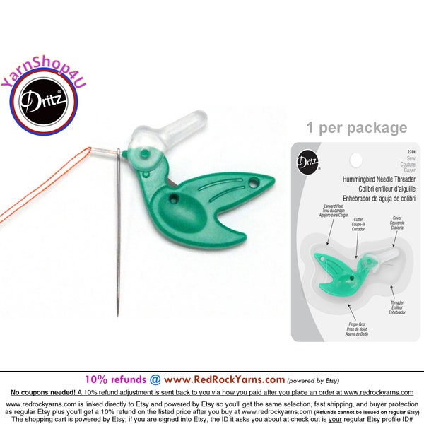 Hummingbird Sewing Needle Threader for threading hand sewing needles with sewing thread. Green, Dritz #270