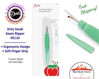 Dritz Small Seam Ripper. Ergonomic design with Soft finger grip. 4" long with cap on bottom. Item #5110