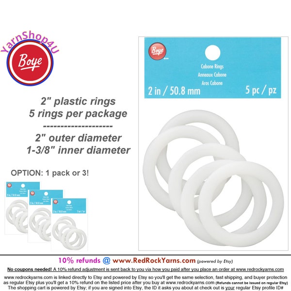 2" Boye CABONE RINGS / 5 plastic rings per package. Wear-resistant, washable, dry cleanable. Outer = 2", inner = 1-3/8" (Pick 1 pack or 3!)