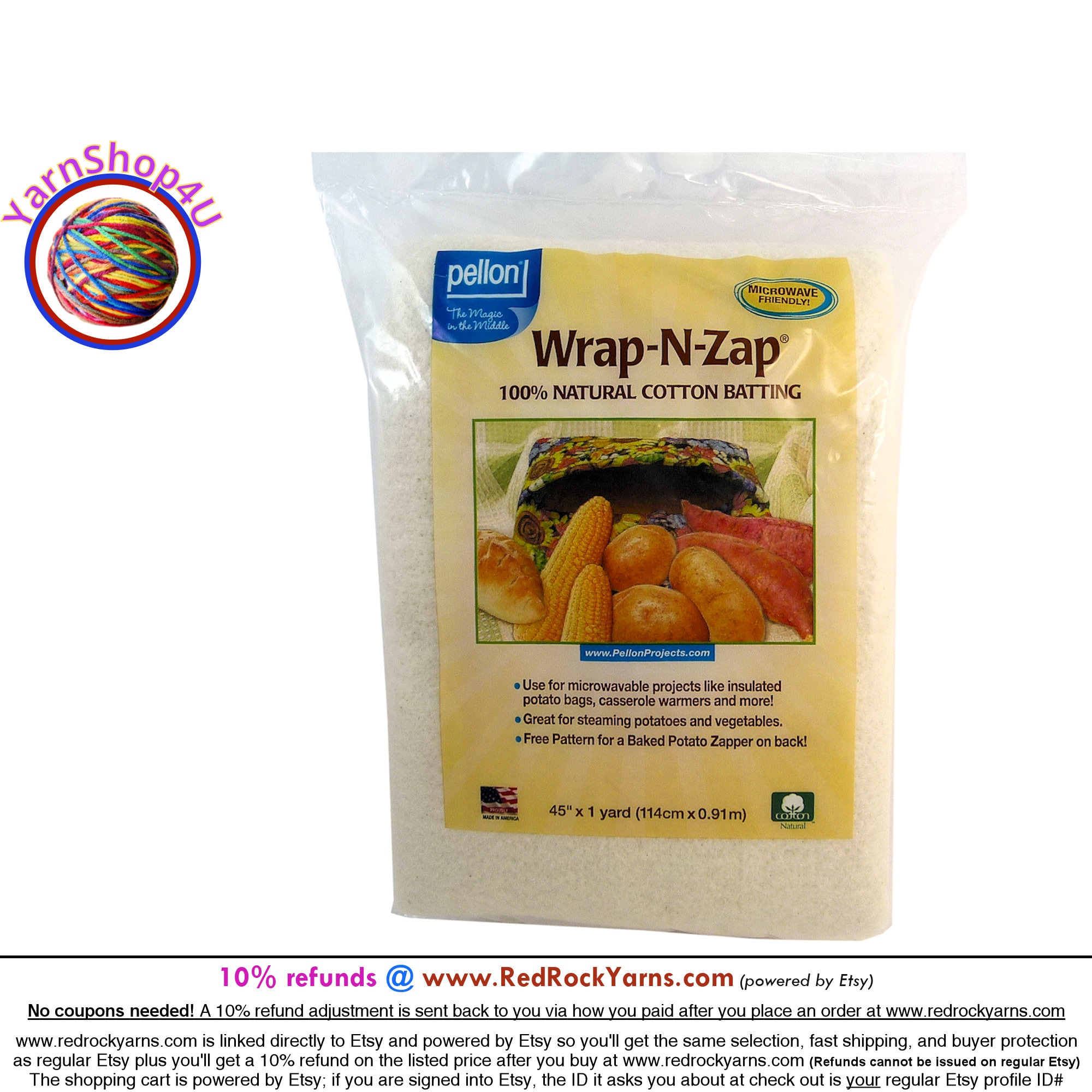 Wrap N Zap 100% Natural Cotton Batting. Perfect for Microwavable Potato  Bags, Casserole Warmers, Steaming Corn and More 45 X 36 