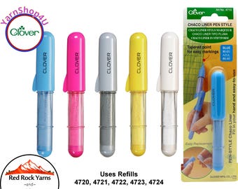 Clover CHACO Liner PEN STYLE Chalk (Blue, Pink, Silver, Yellow, White). Tapered Point for accurate fabric marking. Refillable. #4710-4714