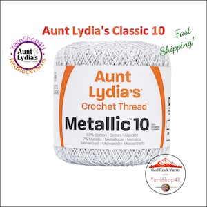 WHITE / SILVER Aunt Lydia's® Cotton Metallic Crochet Thread. 100 yards. Size 10 Lace. 88% Cotton and 12 percent Metallic. 154M-0001S
