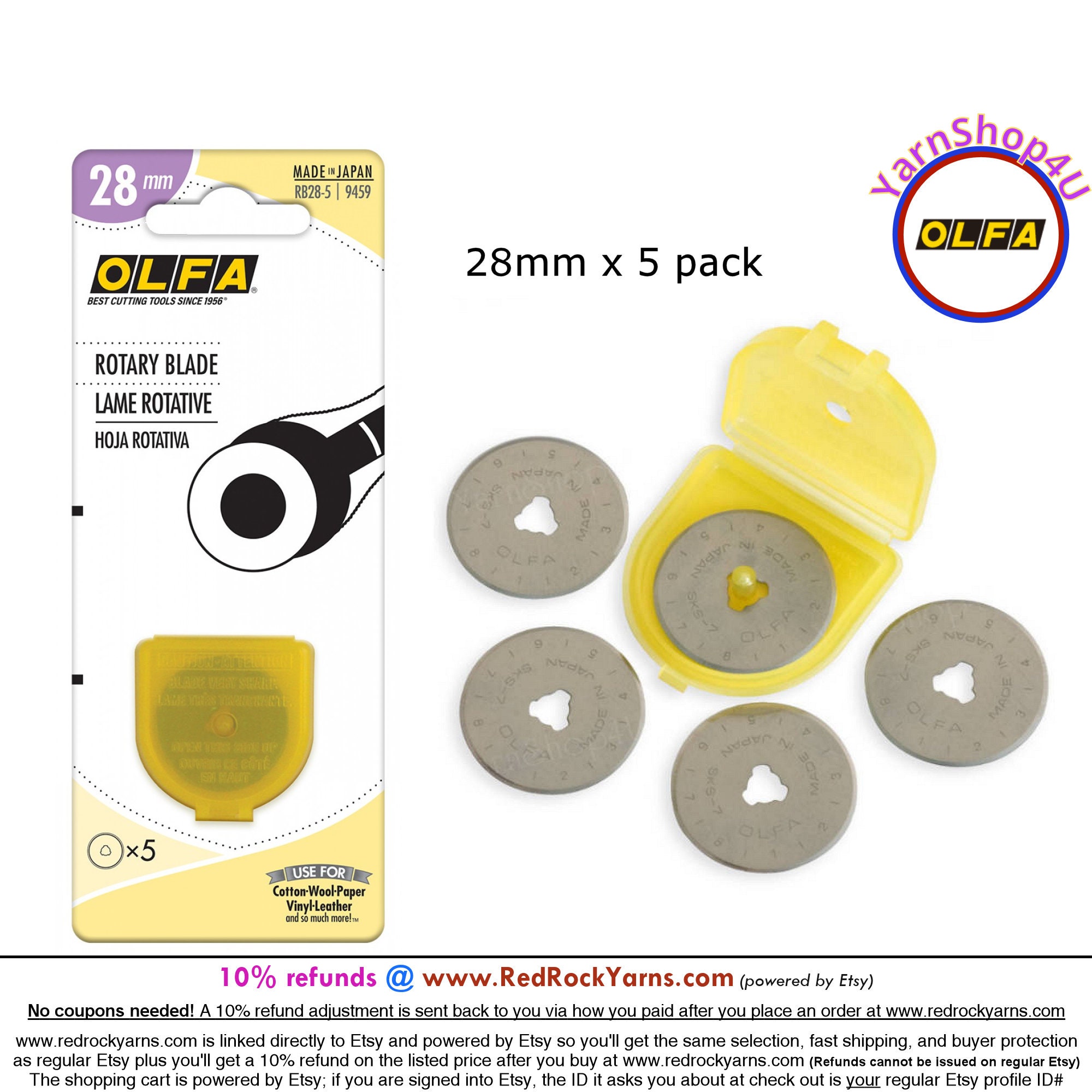 5 Pack 28mm OLFA® Rotary Blades. 5 Blades/pkg. Tungsten Steel Olfa® Rotary  Cutting Blade. Premium Quality, Sharpness and Edge. RB28-5 