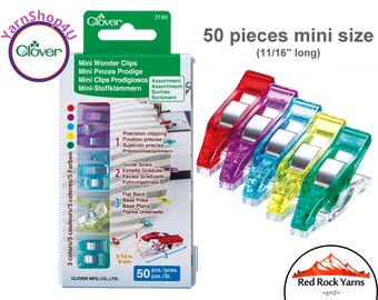 Mini Wonder Clips 50 pcs in assorted colors. 11/16" long and open wide to 5/16" with a firm grip. Use for holding fabric layers. Clover 3189