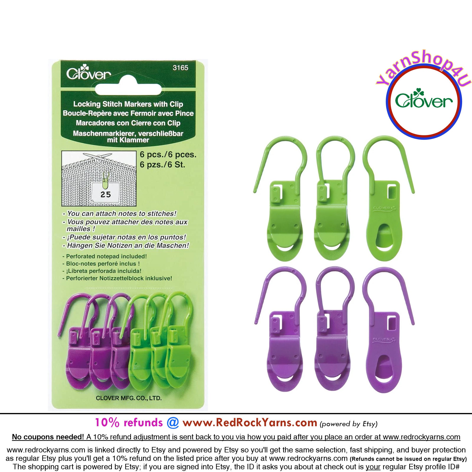 Locking Stitch Markers With Clip. 6 per Package. Use the Clip for Keeping  Notes of Critical Points on Your Work. Plastic. Clover 3165 