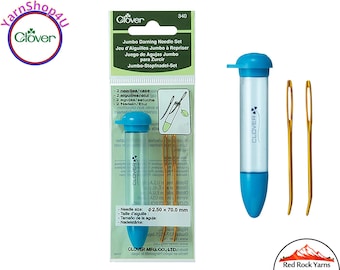 Jumbo Darning Needles by Clover with screw top case. Features a Large Eye, Bent Tip Blunt end. For weaving, and sewing with yarn. Art No 340