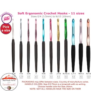 Susan Bates Silvalume Soft Ergonomic Crochet Hooks with Cushioned Grip. Item #12606. Available in E, F, G, 7, H, I, J, K, L, M, N (3.5-10mm)