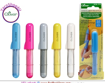 Clover CHACO Liner PEN STYLE Chalk (Blue, Pink, Silver, Yellow, White). Tapered Point for accurate fabric marking. Refillable. #4710-4714