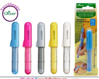 Clover CHACO Liner PEN STYLE Chalk (Blue, Pink, Silver, Yellow, White). Tapered Point for accurate fabric marking. Refillable. #4710-4714