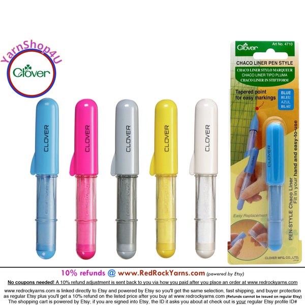 Clover CHACO Liner PEN STYLE Chalk (Blue, Pink, Silver, Yellow, White). Tapered Point for accurate fabric marking. Refillable. #4710-4714