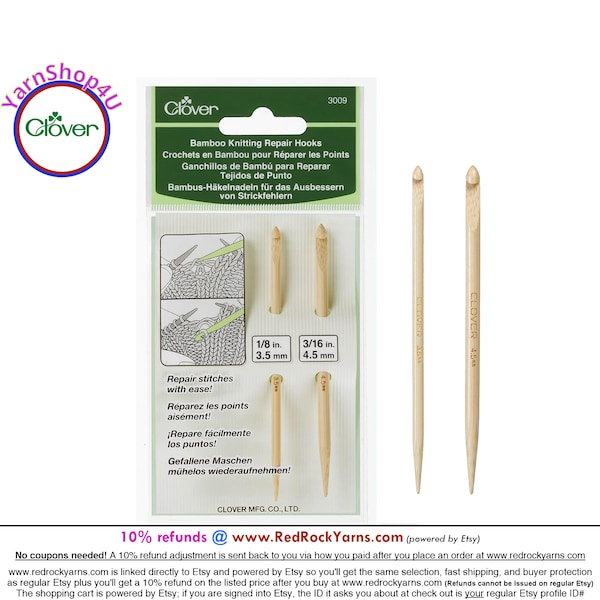 Bamboo Knitting Repair Hooks - Handy tool for emergency fix of drop stitches. 4 inches long, 2 sizes. Clover #3009