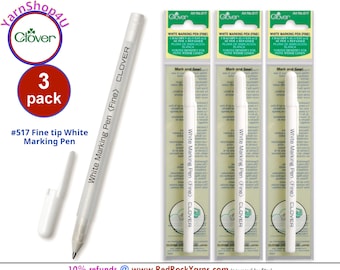 3 pack Clover Fine White Marking Pen. Ink appears in 10-30 seconds. Remove: Iron, wash; will air fade after applying. For dark fabric. #517