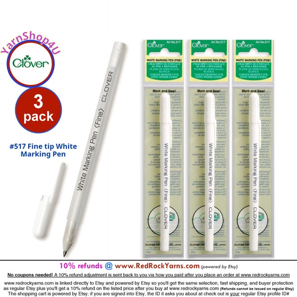 3 pack Clover Fine White Marking Pen. Ink appears in 10-30 seconds. Remove: Iron, wash; will air fade after applying. For dark fabric. #517