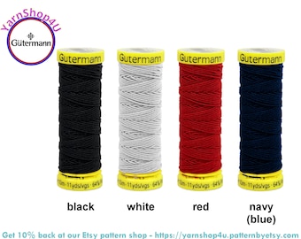 GUTERMANN ELASTIC Sewing Thread Black, White, Red. or Navy (dark blue). 11 yards ea spool. 64% polyester / 36 polyurethane. Pick your color!