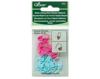 20 Medium Clover Quick Locking Stitch Markers in a reusable vinyl storage pouch. 10 Pink and 10 blue per pack. Clover #3031