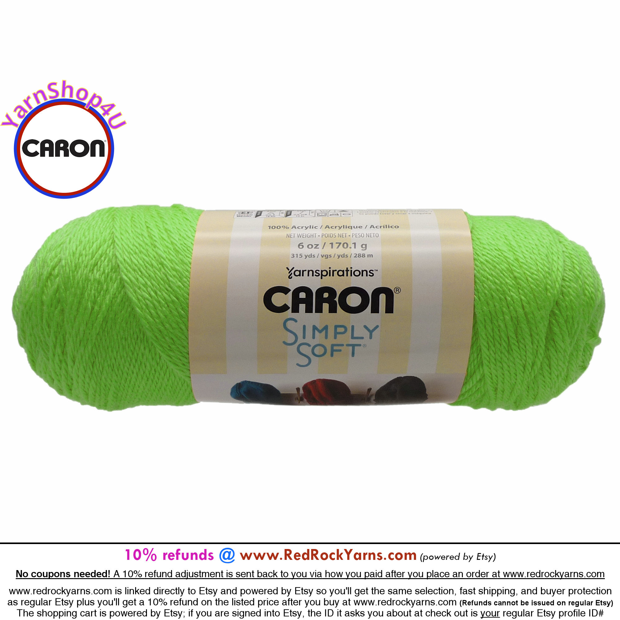 LIME Caron Simply Soft Brites 6oz / 315yds 170g / 288m 100% Acrylic Yarn.  Item H970039607 aka limelight -  Hong Kong