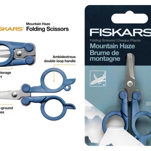 FISKARS Folding Travel Scissors in Ultra Lilac or Mountain Haze. Folds to 2-1/2 TSA compliant. Long lasting Sharp Stainless Steel edge. Mountain Haze