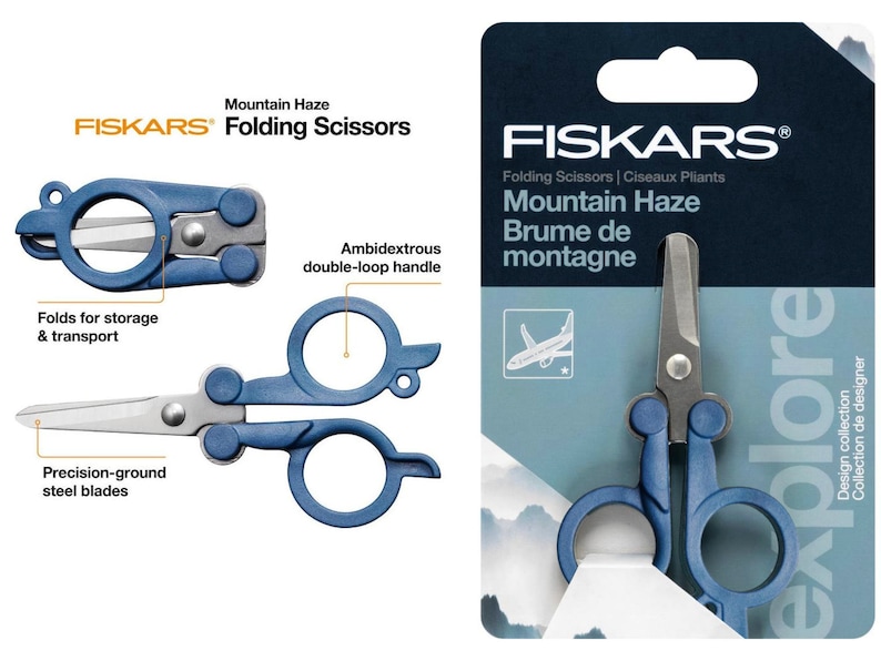 FISKARS Folding Travel Scissors in Ultra Lilac or Mountain Haze. Folds to 2-1/2 TSA compliant. Long lasting Sharp Stainless Steel edge. Mountain Haze