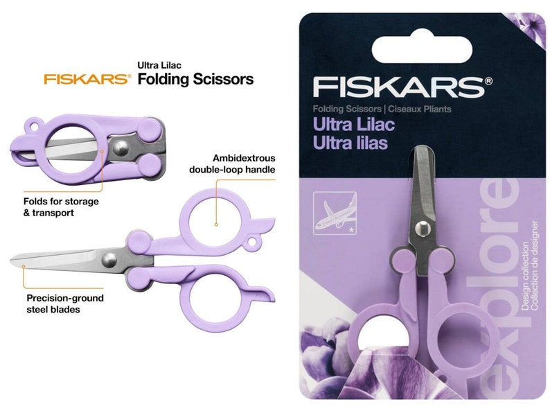 FISKARS Folding Travel Scissors in Ultra Lilac or Mountain Haze. Folds to 2-1/2 TSA compliant. Long lasting Sharp Stainless Steel edge. Ultra Lilac