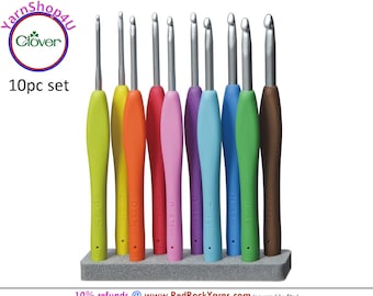 10pc Set Clover Amour Crochet Hook Set. Genuine Clover product! Aluminum head Clover crochet hook set w Comfort Grip Handles. Clover #3672