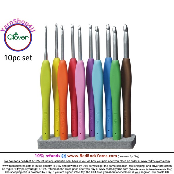 10pc Set Clover Amour Crochet Hook Set. Genuine Clover product! Aluminum head Clover crochet hook set w Comfort Grip Handles. Clover #3672