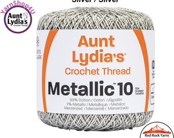 SILVER / SILVER Aunt Lydia's® Cotton Metallic Crochet Thread. 100 yards. Size 10 Lace. 88% Cotton and 12 percent Metallic. 154M-0410S