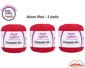 ATOM RED 3 pack! Aunt Lydia's Classic 10 Crochet Thread. 350yds. Item #154-2160
