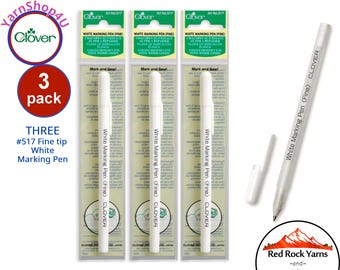 3 pack Clover Fine White Marking Pen. Ink appears in 10-30 seconds. Remove: Iron, wash; will air fade after applying. For dark fabric. #517