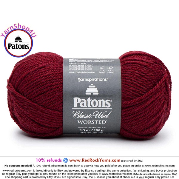 CLARET - Patons Classic Wool Worsted Yarn Medium Weight (4). 100% wool yarn. 3.5oz | 194 yards (100g | 177m)