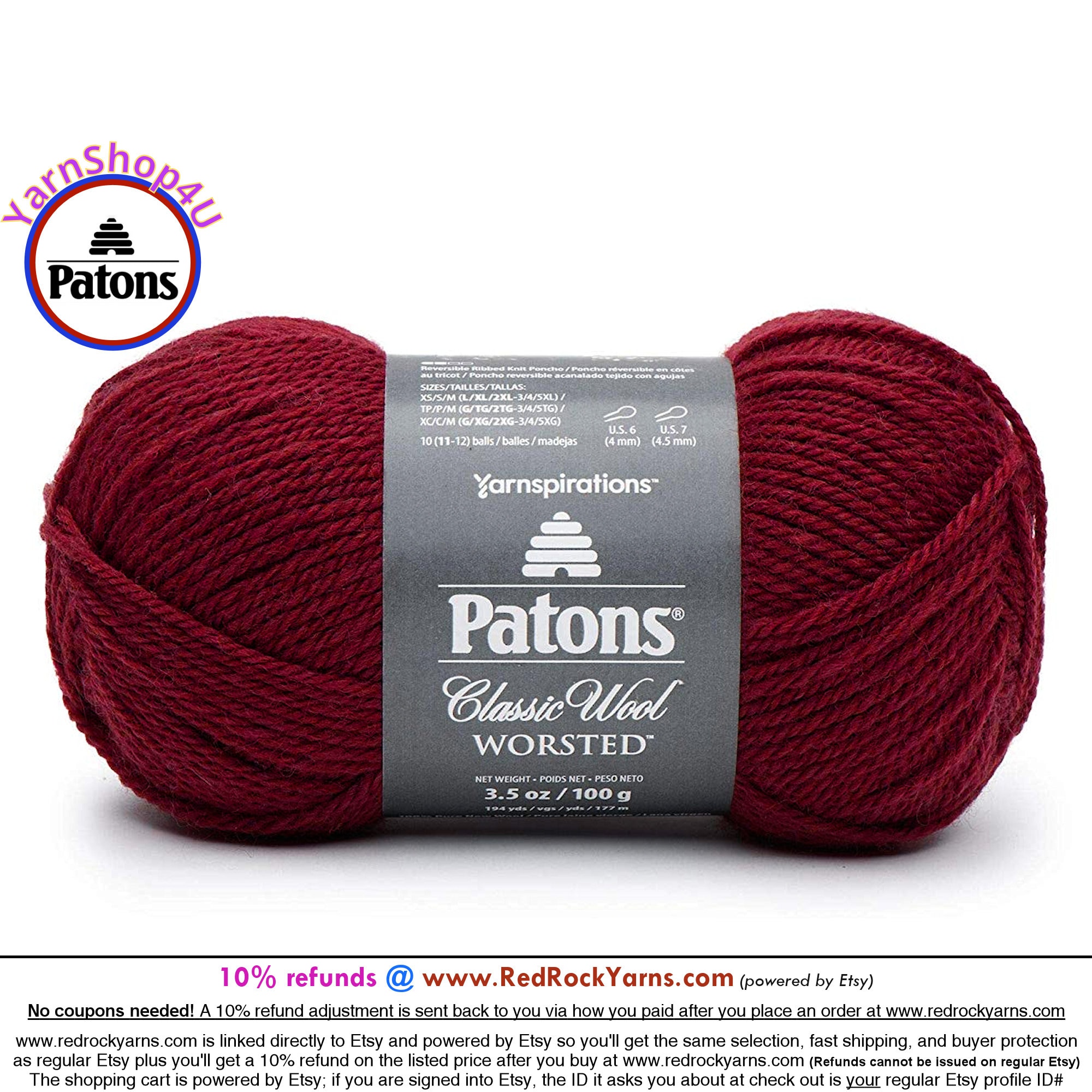 CLARET - Patons Classic Wool Worsted Yarn Medium Weight (4). 100% wool yarn.  3.5oz, 194 yards (100g