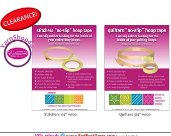 NO SLIP Hoop Tape - Stitchers 1/4" x 9 yds or Quilters 3/4" x 3 yds. Semi adhesive + Rubber binding for inside quilting hoops. Frank Edmunds