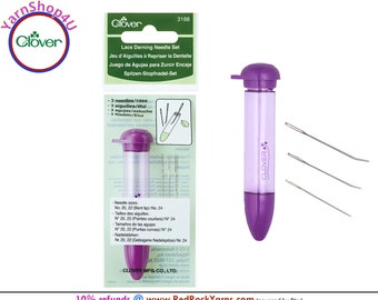 Lace Darning Needle 3pc Set. Number 20 bent tip, 22 bent tip and 24 straight. Small daring needle for lace, thin yarn. Clover Chibi #3168