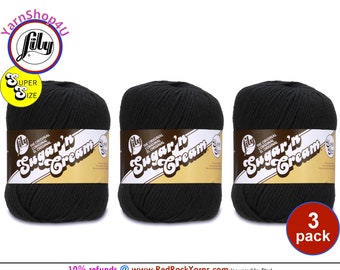 BLACK - 3 Pack! Super Size 4oz | 190yds. 100% Cotton yarn. Original Lily Sugar N Cream. (4 ounces | 190 yards) 3 skeins!